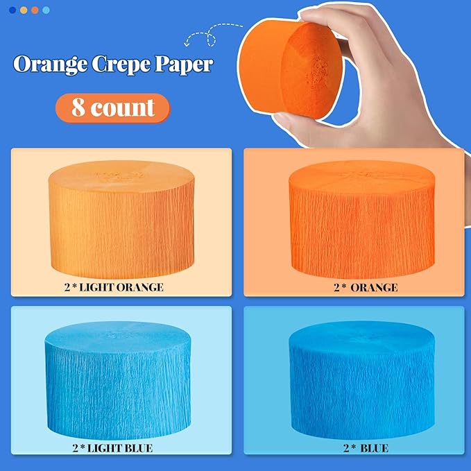 Riqiaqia Crepe Paper Streamers Party Decorations, Blue and Orange Party Decorations, 8 Rolls of Blue, Orange Party Streamers for Blue Dog Birthday Party Supplies