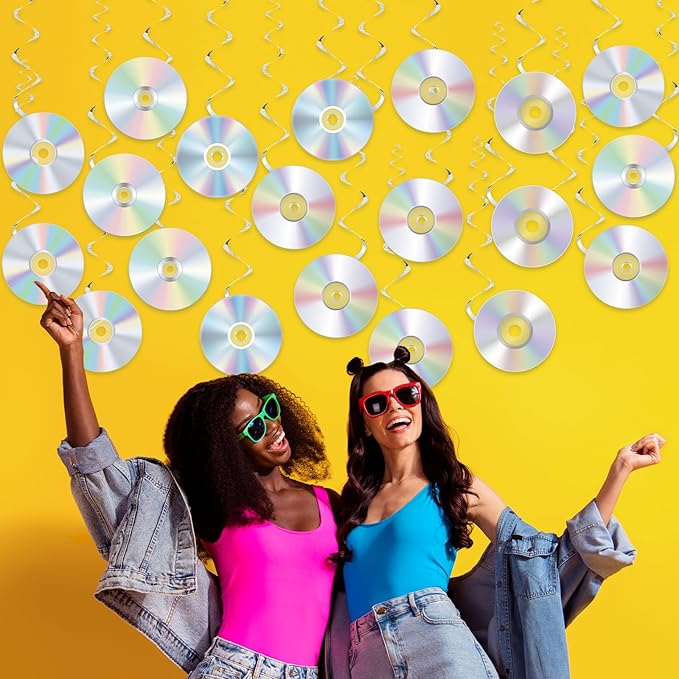 Pajean 25 Pcs CD Swirls Decorations 90s Party Hanging Decorations Retro 80s 90s Music Theme Ceiling Streamers Iridescent CD Disco Wall Cutouts for 1990s 2000s Y2k Birthday Throwback Supplies