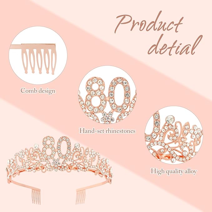 Semato 80th Birthday Decorations for Women- Birthday Crown and Sash Glitter Kit Gifts for Women Party Supplies and Favors (80th)