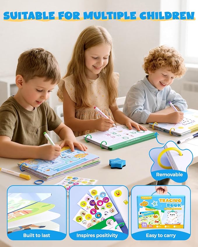 Preschool Learning Activities 54 Reusable Pages, Tracing Books for Kids Ages 3-5, Toddler Activities Busy Book, Handwriting Practice Kindergarten Workbooks, Educational Toys for 3 4 5 Year Old