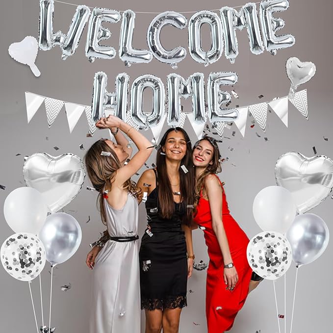 TONIFUL Welcome Home Decorations,16 Inch Silver Welcome Home Foil Balloon Banner Silver Confetti Balloons Pennant Flag Bunting for Homecoming Party House Warming Party Family Gathering Supplies