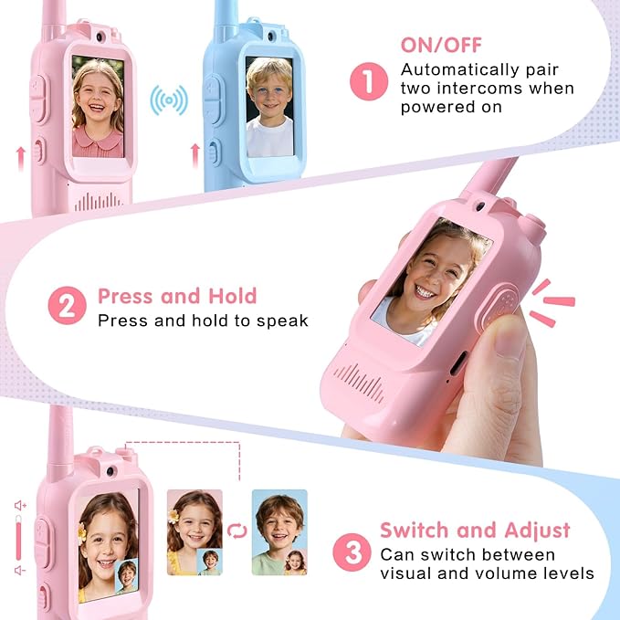 Video walkie-Talkie, 2 Sets of Rechargeable walkie-talkies, Voice Converter, 1000 feet Communication Range, Indoor Entertainment, Camping, Traveling, Birthday Gift (Blue/Pink)