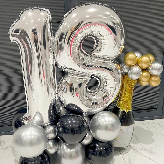19th Birthday Balloon for Girls Boys, 40 Inch Silver Number 1 & 9 Mylar Balloons Self Inflating, Big Foil Helium Number 19 Balloons for Men Birthday Decor Women Anniversary Party Decorations Supplies