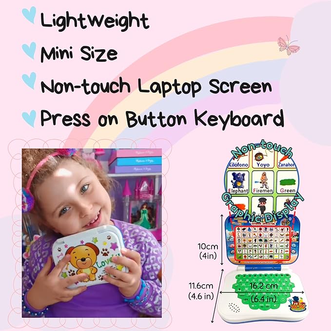 ZEENKIND Spanish English Toy Laptop, Toddler Learning Toys 2 3 4 Years Old, Spanish Learning Bilingual Toy Computer for Kids, Educational Computer Toys with Alphabet Numbers Words Spelling Math