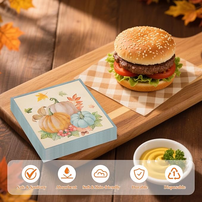 50PCS Fall Pumpkins Paper Napkins - 13 x 13 Inches Maple Leaf Luncheon Napkins Disposable Autumn Theme Decorations for Autumn Harvest Thanksgiving Dinner Party Supplies