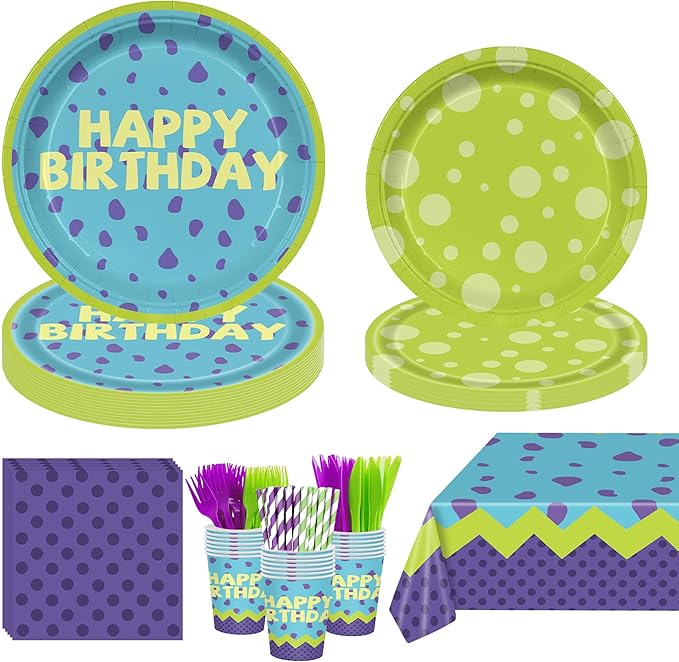 169PCS Monster Birthday Party Supplies for Boys Girl 1st 2nd Green and Purple Cartoon Themed Party Decorations with Paper Plates Cups Forks Knives and Straws Tableware Set for 24 Guests