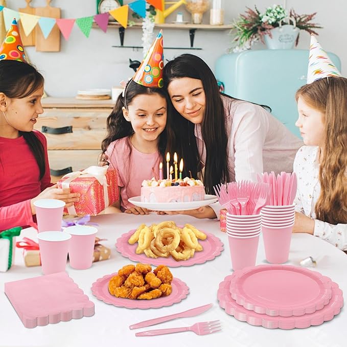 144Pcs Pink Birthday Party Supplies Pink Tableware Set Serve 24 Guests Includes Dinner Plates Cups Napkins For Wedding Baby Shower Birthday Party Decorations