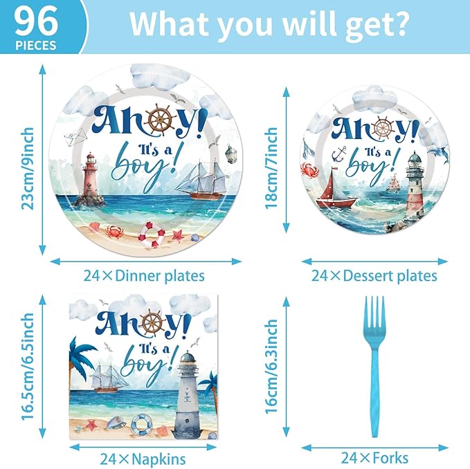 Ahoy Its a Boy Baby Shower - Nautical Themed Plates and Napkins Party Supplies Ahoy Nautical Boy Baby Shower Party Decorations Paper Disposable Tableware Set Serve 24 Guests
