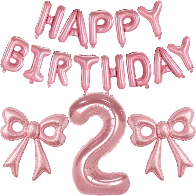 Bow Number 2 Birthday Balloons, 40” Pink Aluminum Foil Balloons Happy Birthday Balloon for Girl 2nd Birthday Party, Princess, Coquette Party Decorations Supplies