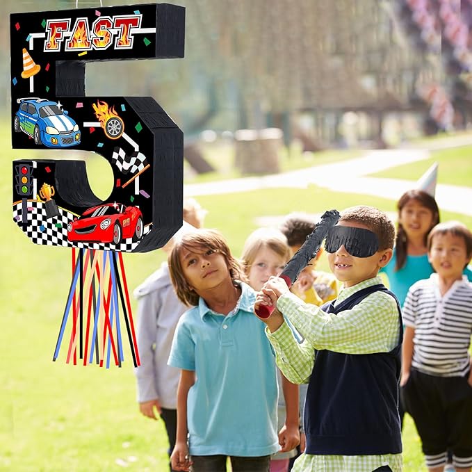 Race Car Piñata Pull String Cars Piñatas for Birthday Party Decorations Number 2 3 4 5 6 with Blindfold Stick Small Red Black Racing Theme 2nd 3rd 4th 5th 6th Party Supplies(Number 5)