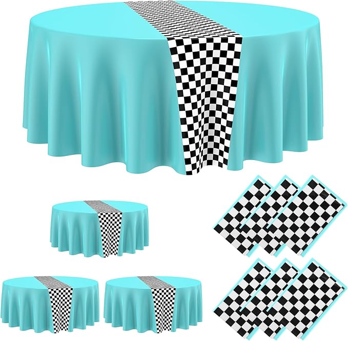 Oudain 3 Pcs Cars Birthday Party Supplies Racing Party Decorations Round Racing Tablecloth Checkered Flag Table Covers Road Plastic Table Cloth, 84" Blue