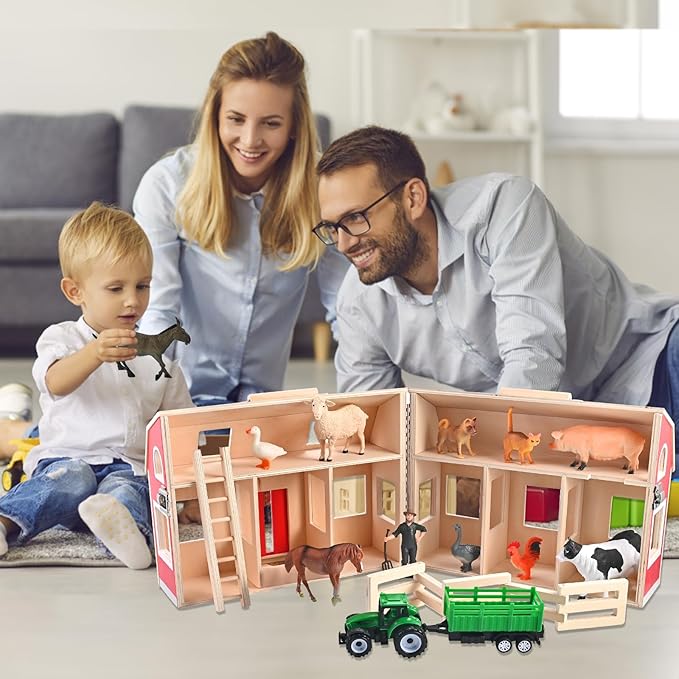 Wooden Barn Toys, Play Barn with 12 Animal Play Figures for 3+ Years Old, Toy Barn and Farm Animals，Wooden Barn Playset for Christmas Birthday Gift for Boys Girls