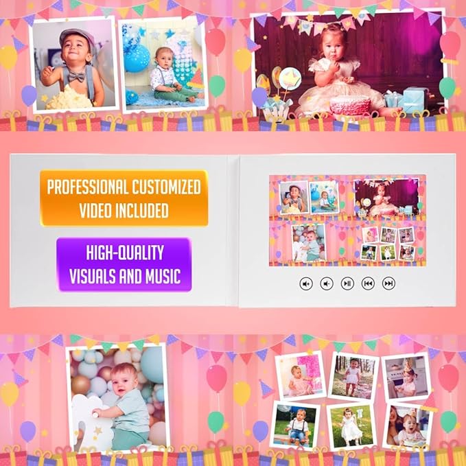 Custom Babies Birthday Video Greeting Card – Add Your Photos for Unique Slideshow – Charming Gift for Kids – 7” IPS Screen, 512MB Storage, Long-Lasting Battery, Plug & Play USB