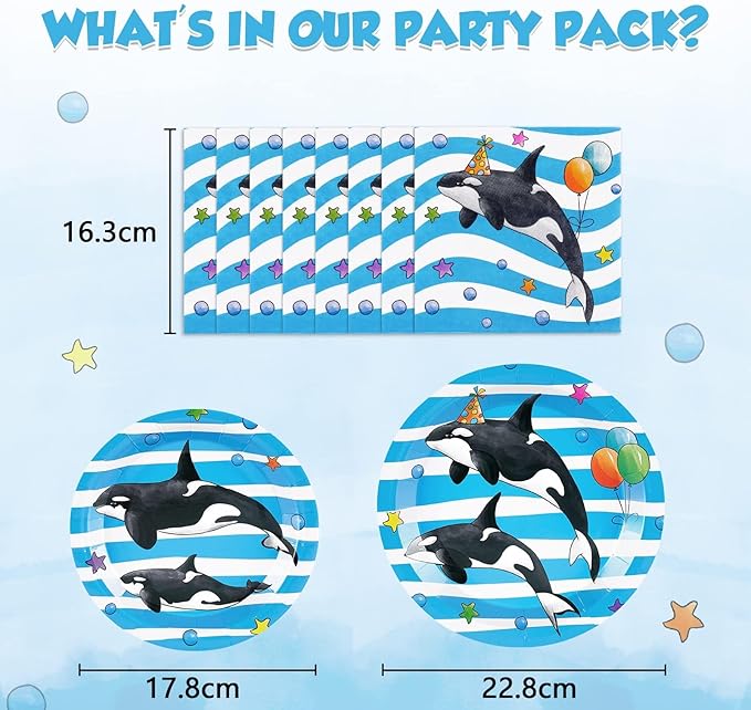 WERNNSAI Orca Party Plates and Napkins - 48 PCS Orca Birthday Party Supplies for Kids Blue Ocean Under the Sea Party Decorations Baby Shower Dinner Dessert Tableware Set Serves 16 Guests
