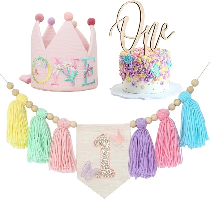 Macaron Butterfly High chair Banner Wood Bead Tassel Garland Crown Hat Wooden Cake Topper Birthday Party Decorations