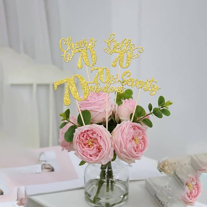 15PCS Happy 70th Birthday Centerpiece Sticks Hello 70 Fabulous Table Flower Centerpieces Sticks Seventy Cheers to 70 Years Floral Decoration for Happy 70th Birthday Party Centerpieces Sticks Gold