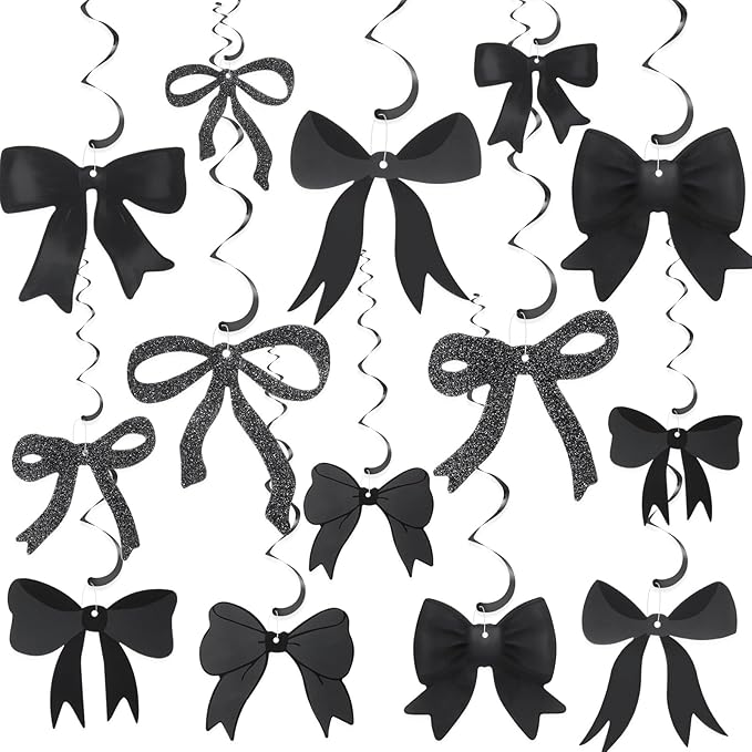 28 Pcs Bow Birthday Decorations Coquette Bow Birthday Hanging Swirls Decorations for Bridal Shower Party Supplies Wedding Christmas Party(Black)