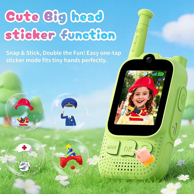 Kids Audio/Video Walkie Talkies, 2 Pack Rechargeable Walkie Talkies for Kids with 2’’ Screen & Camera & Voice Changer, Long Range Boys Girls Toys for Indoor Outdoor Camping Hiking Games (Green/Green)