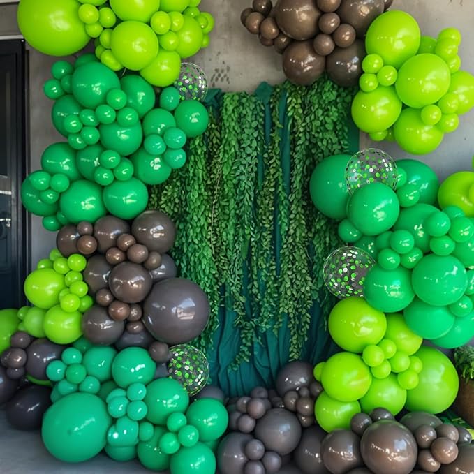 Brown and Green Balloons, 12 Inch Coffee Brown Emerald Dark Metallic Green Confetti Balloons for Camping Jungle Theme Forest Adventure Birthday Baby Shower Party Decorations