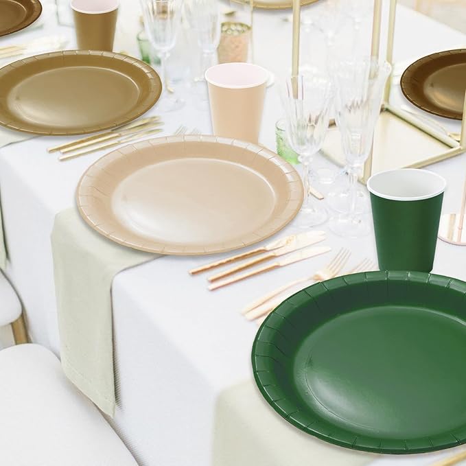 Whaline 244Pcs Woodland Tableware Set Serves 48 Sage Green Brown Disposable Dinnerware 48 9" Plates 48 7" Plate 48 9oz Cups 100 Napkins for Baby Shower Forest Party Supplies