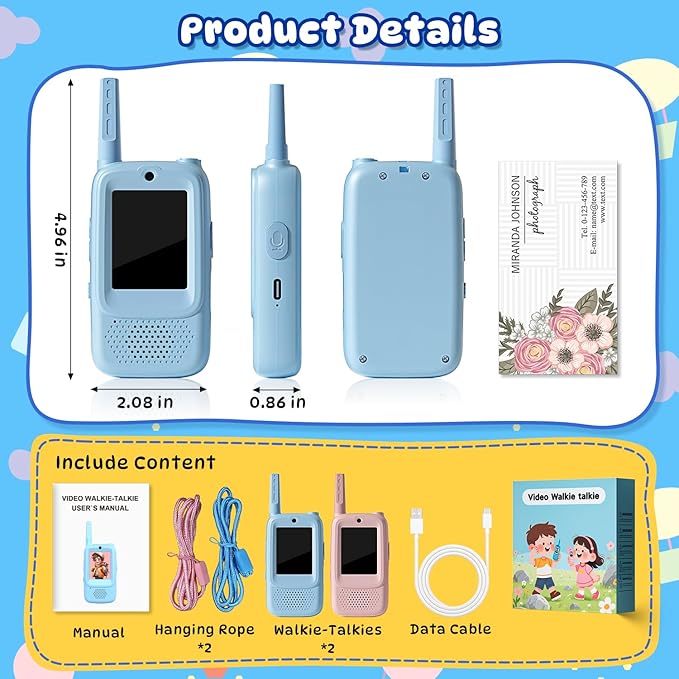 Video Walkie Talkies for Kids, 2 Pack Rechargeable Handheld Intercom Toddler Toys with Voice Changer, Fun Xmas/Birthday Gifts for in/Outdoor Family Play Camping Hiking Games for Boys Girls Ages 3-12