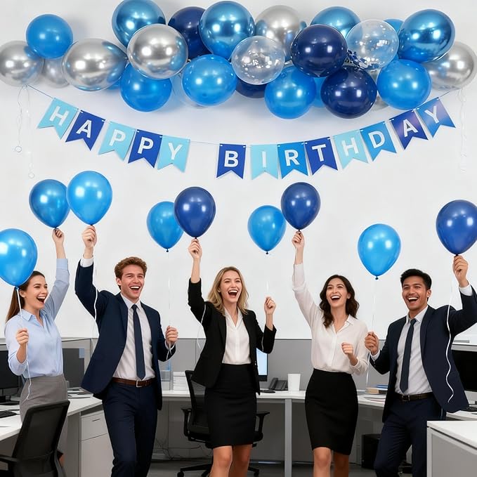 Blue Silver Birthday Decorations for Boys Men,Dark Navy Metallic Confetti Latex Party Balloon Star Heart Foil Balloon Cake Topper Blue Party Supplies Decor