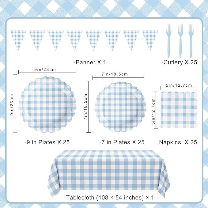 102 PCS Light Blue Gingham Party Supplies - Scalloped Plates, Napkins, Cups, Forks, Banner, Tablecloth for Baby Shower, Wedding, Birthday, Serves 25