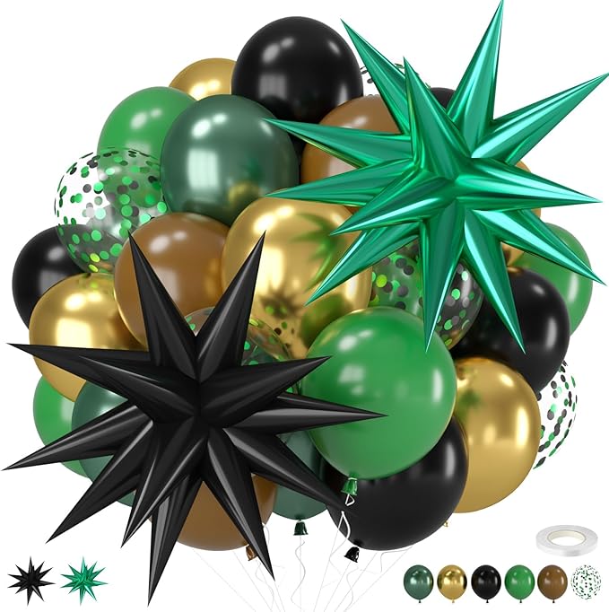 Green and Brown Balloons, 12 Inch Dark Green Black Metallic Green Gold Balloon with Star Foil Balloon for Boys Camping Jungle Safari Theme Birthday Baby Shower Party Decorations