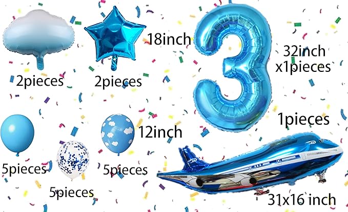31inch Large Airplane Blue Party Decoration Airplane Balloon Set Birthday Party Supplies (3 Number Airplane)