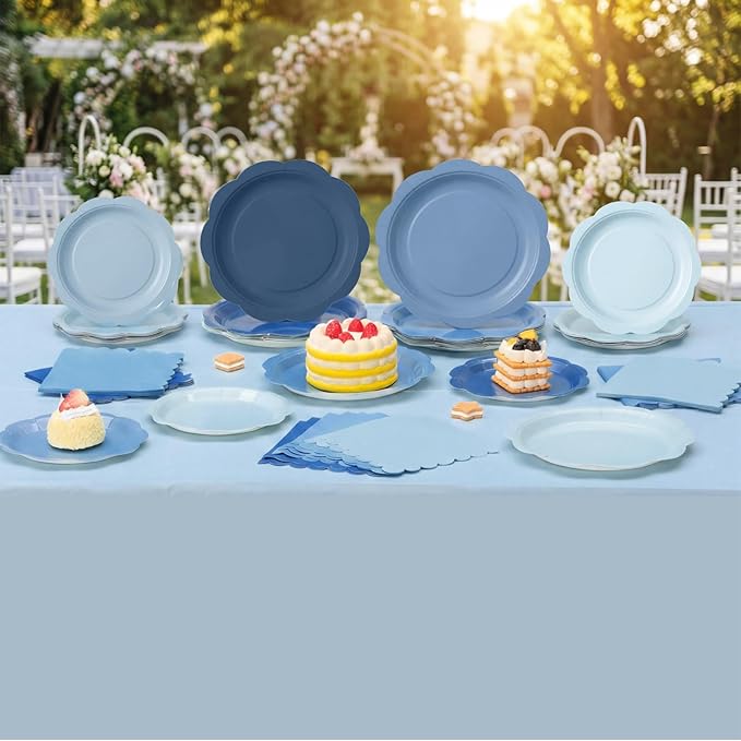 LemonRoad 100 Pcs Dusty Blue Paper Plates and Napkins and Plastic Tablecloth Set, Gradient Blue Disposable Dinner and Dessert Plates Tableware for Birthday Party Wedding Supplies Decoration