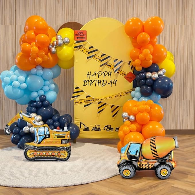 Construction Birthday Party Supplies 145PCS Construction Balloons Arch Kit‌ Yellow Blue Construction Themed Party Decorations for Boys 3rd Large Self Standing 4D Excavator Mixer Truck Foil Balloons