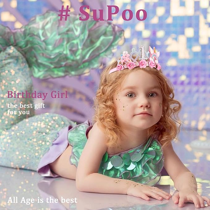 SuPoo First Birthday Decorations for Girl 1st Birthday Crown Headband Pink Hair Band Princess Tiara One Year Old Birthday Party Decorations Outfit Accessory