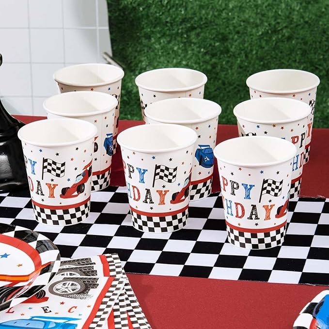 WERNNSAI Race Car Party Decorations - 64 PCS Car Plates Napkins Cups Black and White Checkered Themed Dinnerware for Kids Boys Two Fast irthday Supplies Favors Serves 16 Guests