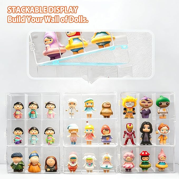 6 Compartment Acrylic Display Case for Collectibles -Stackable Display Box with Lid, Clear Plastic Storage Bins for Action Figures, Dolls, Toys, Miniatures, Hobby Figures