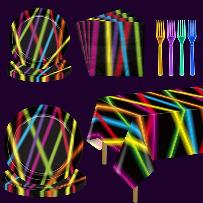 81Pcs Glow in the Dark Party Supplies Set - Serves 20, Neon Party Supplies, Includes Plates, Napkins, Fork, Tablecloth for Halloween Glow Birthday Decorations