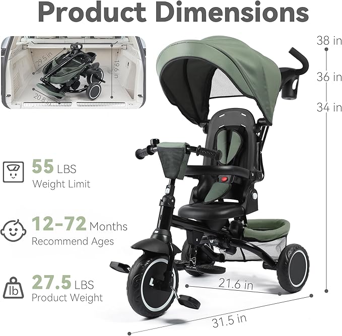 8 in 1 Kids Tricycle, Folding Toddler Tricycle w/Reversible Seat, Adjustable Push Rod & Canopy, Baby Trike Toddler Bike w/Bell, 5-Point Harness, Extra Storage, Cup Holder, Dark Green
