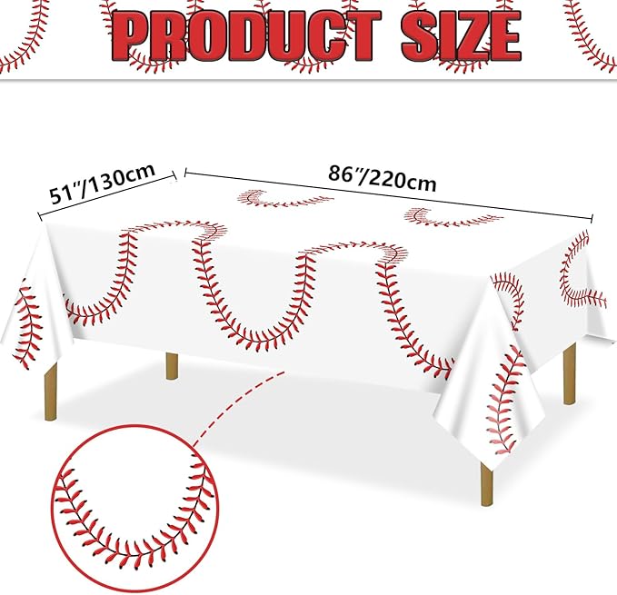 Baseball Tablecloth - White Baseball Tablecloth Plastic Disposable Decorations for Game Day Sports Theme Party Supplies, 4 Pack, 51'' x 86''