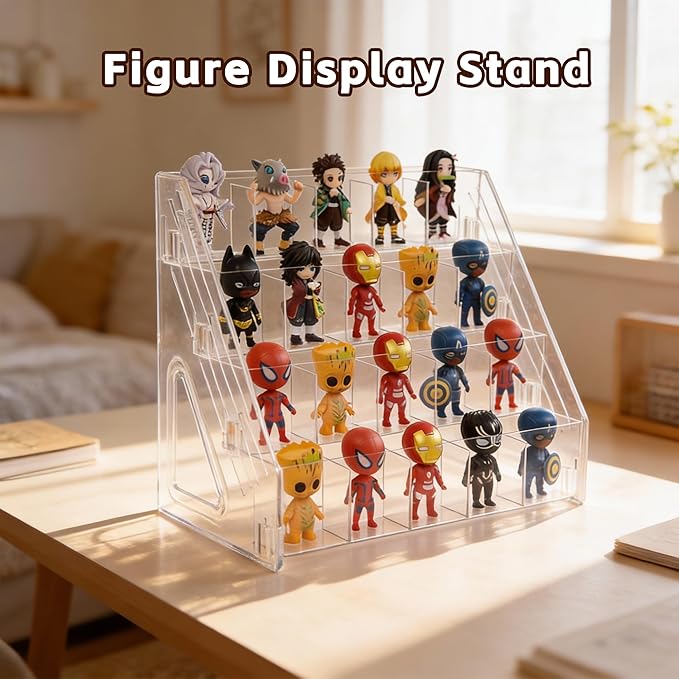 4-Tier 20-Slot Clear Figure Display Case, Miniature Display Case for Collectibles, Action Figures, Crystals, Rocks, Models (4 Tiers)