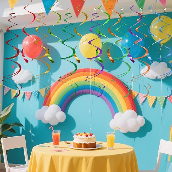 Colorful Ceiling Swirl Foil Decorations Hanging Plastic Streamer Themed Swirl Party Decoration for Wedding Thanksgiving Day Graduation Celebration, Pack of 28 (Rainbow)