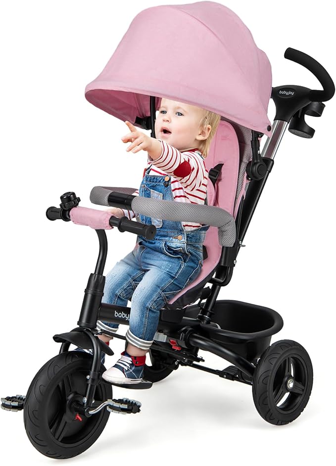 BABY JOY Tricycle, 6 in 1 Trike for Toddler w/Reversible Seat, Adjustable Canopy & Parent Handle, 5-Point Safety Belt, PU Wheels and Storage Basket, Push Tricycle for 9-60 Months (Pink)