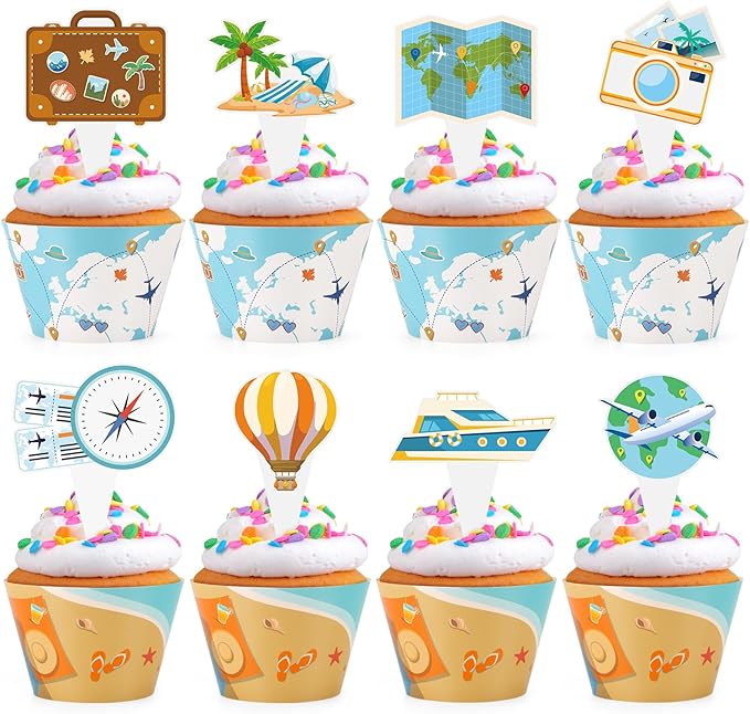 48 Pack Travel Cupcake Toppers and Wrappers, World Travel Party Cake Decoration for Adventure Travel Theme Birthday Party Baby Shower Supplies
