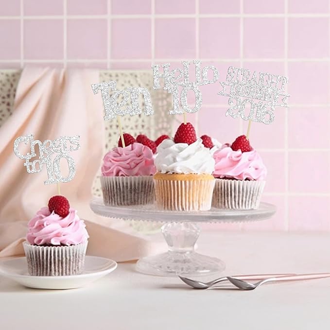 Ephlyn 24Pcs Happy 10th Birthday Cupcake Toppers Glitter Ten Cupcake Picks Hello 10 Cheers to 10 Years Cake Decorations for 10th Birthday Anniversary Party Decorations Supplies Silver