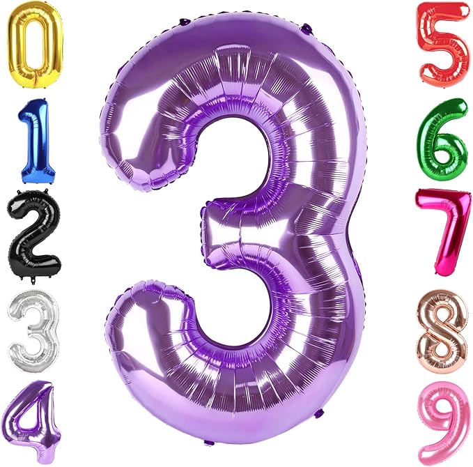 40 Inch Purple Number 3 Balloon, Giant 3 Number Balloons for 3rd Birthday Decorations, Party Supplies for Baby Boy Girl, Purple Party Decor