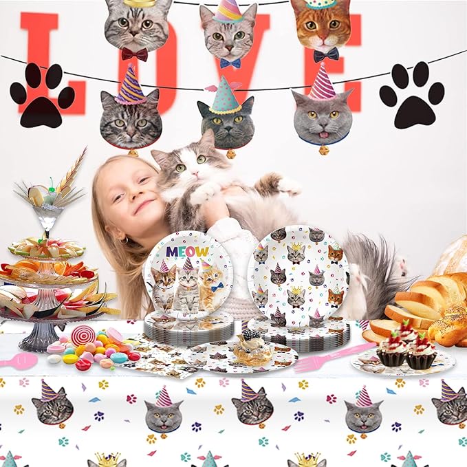 122Pcs Cat Themed Party Supplies for Birthday Party Pet Party Cat Bairthday Decorations Inculde Plates Desserts Plates Napkins Knives Forks Spoons Tablecover Banner Serve 20