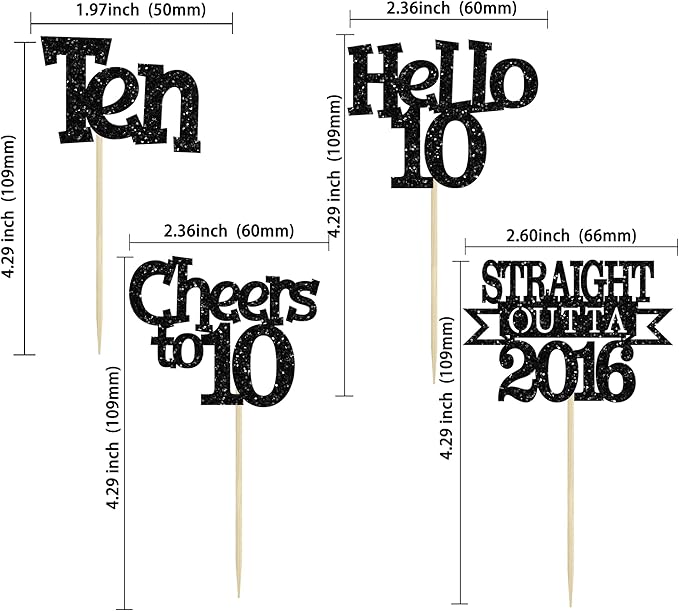Ephlyn 24Pcs Happy 10th Birthday Cupcake Toppers Glitter Straight Outta 2016 Cupcake Picks Cheers to 10 Years Cake Decorations for 10th Birthday Anniversary Party Decorations Supplies Black