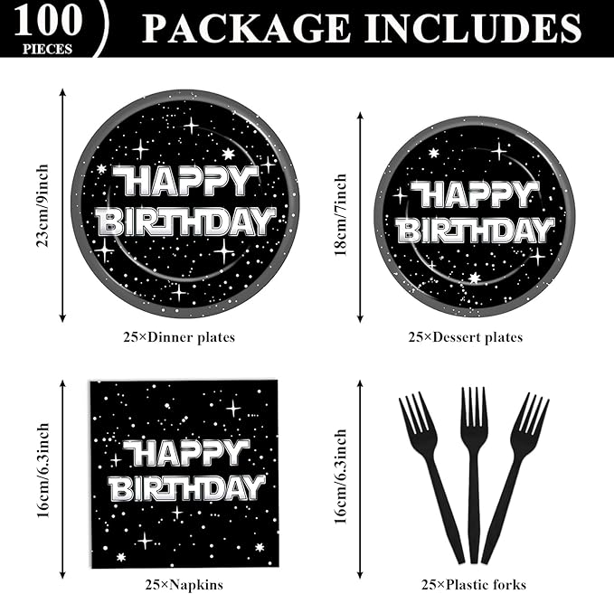 100Pcs Stars Birthday Party Decoration Galaxy Universe Plates and Napkins Space Theme Paper Plate Supplies for Outer Spaces Disposable Tableware Dinnerware Set Baby Shower Night Sky Decor for 25 Guest