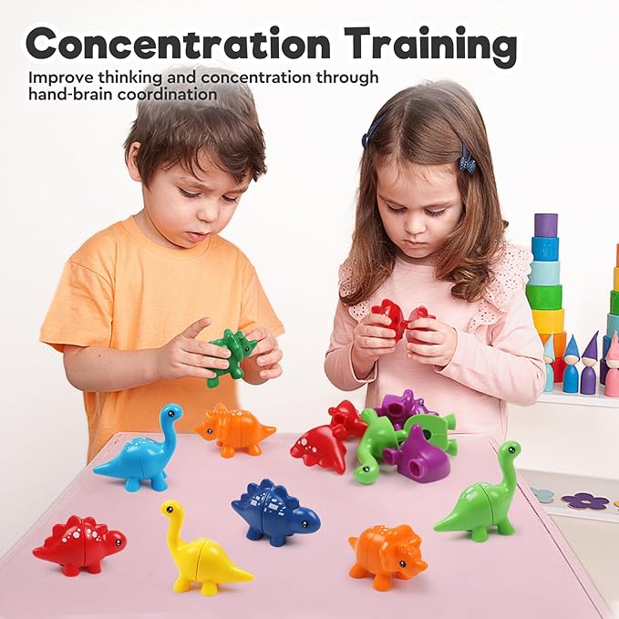 Montessori Matching Dinosaurs Toy, Color and Shapes Recognition, Snap and Pattern Match Game Preschool Learning Toys Homeschooling Class Activity Teaching Tool, Birthday Gift for Kids boys & Girls