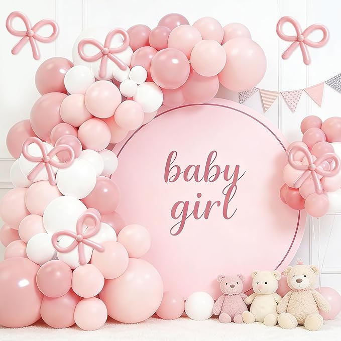 125 Pcs Pink and White Balloon Garland Arch Kit Include 18in 10in 5in Light Pink White Balloons for Pink Bow Birthday Baby Shower Gender Reavel Wedding Party Decorations