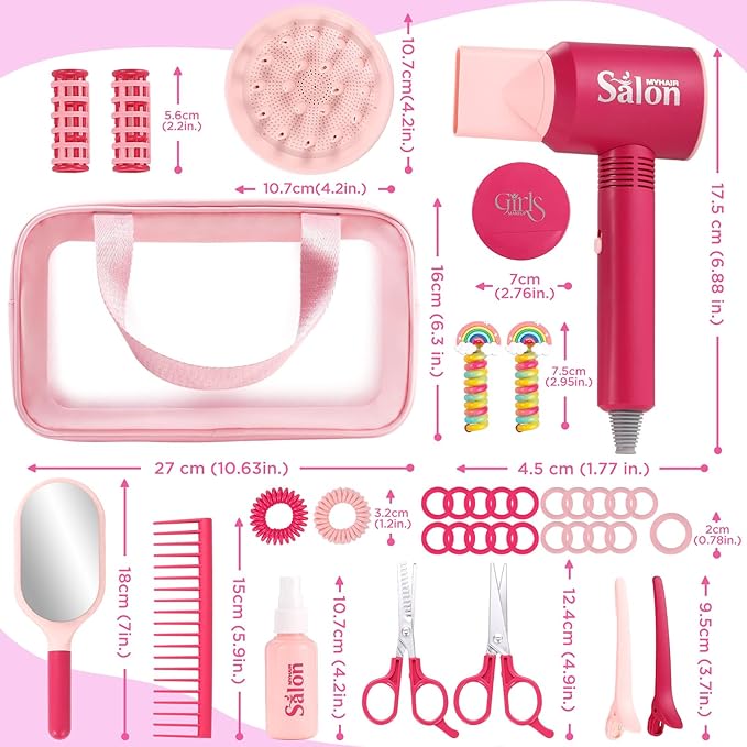 GAGAKU Kids Pretend Play Hair Salon Set, Pink, 36 Piece Beauty Styling Accessories Kit with Toy Dryer, Scissors, Combs for Girls