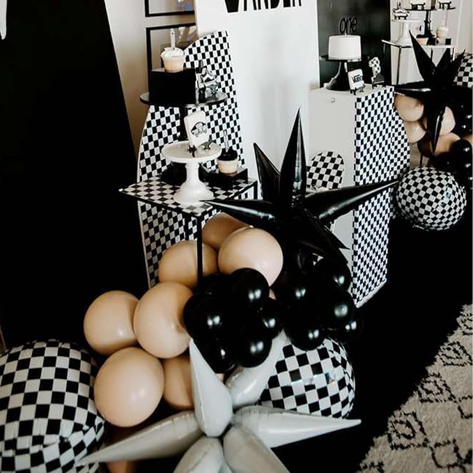 PartyWoo Checkered Foil Balloons 6pcs 22 Inch Large Round Foil Big Giant 4D Jumbo Inflatable Mirror Ball Mylar Balloons for Race Car Emo Checkered Themed Birthday Graduation Party Decorations